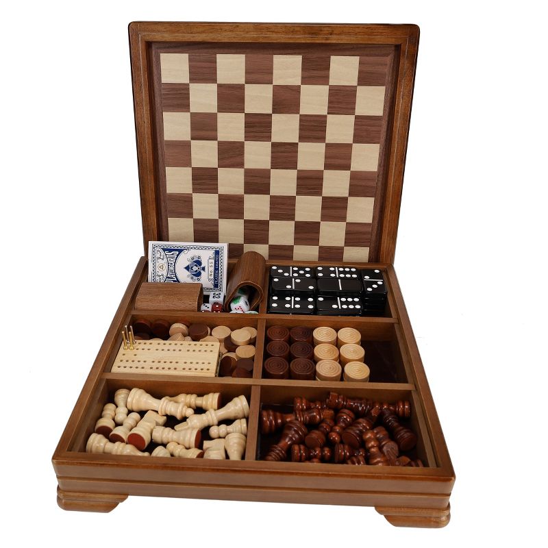 WE Games Walnut 7-Games-in-1 Combination Game Set - Includes Chess, Checkers, Backgammon, Dominoes, Cribbage, Poker, Dice and Cards, 1 of 9