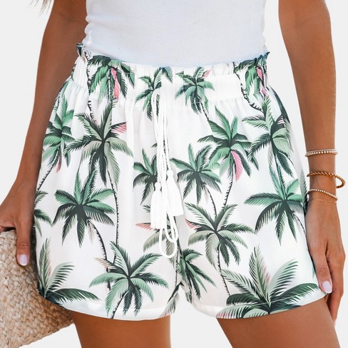 Women's Palm Tree Print Drawstring Shorts - Cupshe-XS-Multi