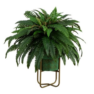 Nearly Natural 31-in Artificial Boston Fern in Patina Metal Planter with Stand - 1 of 4