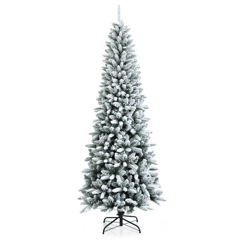 7.5ft Snow-Flocked Hinged Artificial Christmas Pencil Tree w/ 1189 Mixed Tips, 1 of 11