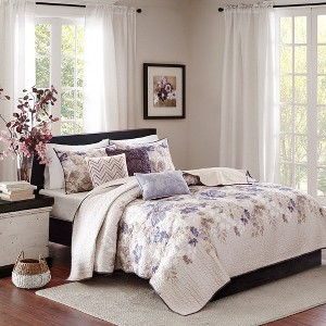 Sapphtopaz Comforter Set 6 Piece Bedding Set Watercolor Floral Print with Solid Color Back Reversible Cotton Quilt Set - 1 of 4
