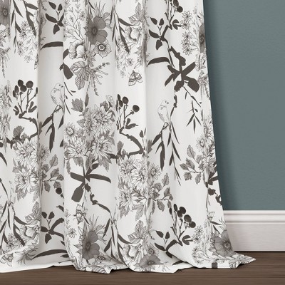 Gray and White Botanical Garden Blackout Polyester Curtain Panels