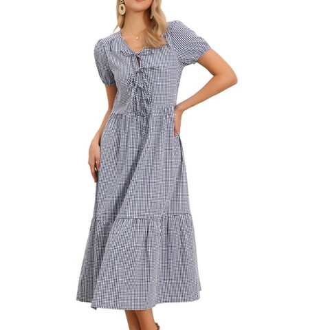 Женские платья INSPIRE CHIC Women's Gingham Summer Casual V Neck Short Sleeve Tie Bow Decor Midi Dresses Small Black Blue
