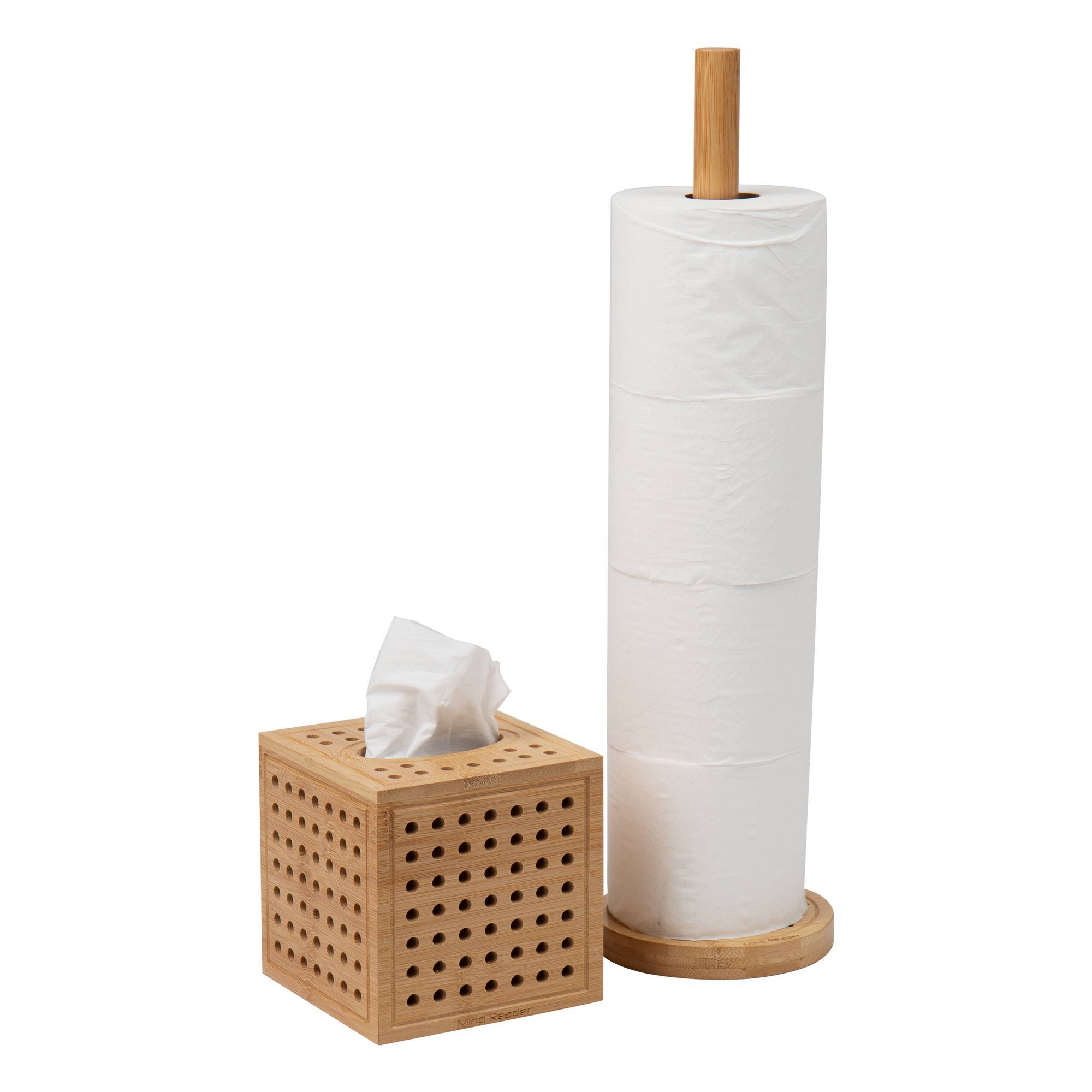 2pc Toilet Paper Refill and Tissue Box - Mind Reader: Plastic Bathroom Set, Includes Wastebasket, Natural Wood Look