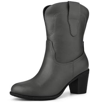 Allegra K Women's Classic Slip on Round Toe Block Heel Cowboy Boots