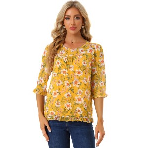 INSPIRE CHIC Women's Round Neck Ruffle 3/4 Sleeve Floral Print Chiffon Blouse - 1 of 4