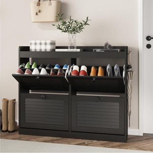 Large Rattan Shoe Storage Cabinet with 4 Flip Drawers, Freestanding Shoe Organizer with Wooden Legs for Entryway, Black Handles - 1 of 4