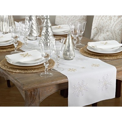 Ivory Polyester Snowflake Embroidered Table Runner