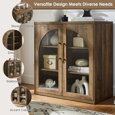 Sincido Arched Sideboard with Glass Door, 94" Accent Buffet Cabinet with Storage & Adjustable Shelves, Modern Console Table for Kitchen, Rustic Brown — фото 2