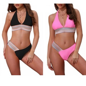 INSPIRE CHIC Women's Color Block Wavy Stripes Halter Top V Shaped Bottom Swimwear Bathing Bikini Suits 2 Sets - 1 of 4