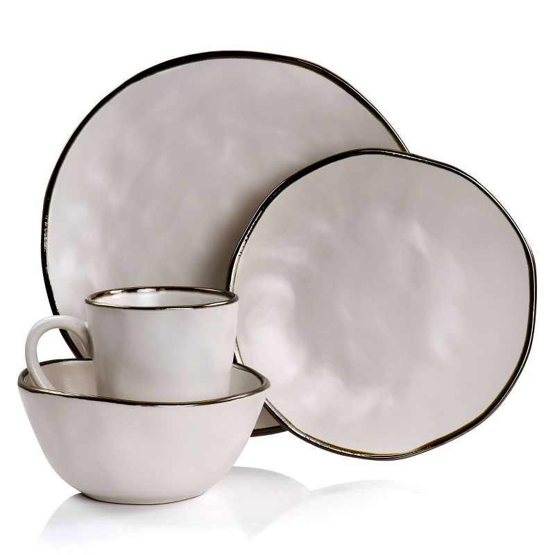 16pc Modern Stoneware Dinnerware Set with Rim Matte White/Gold - Elama, 2 of 10