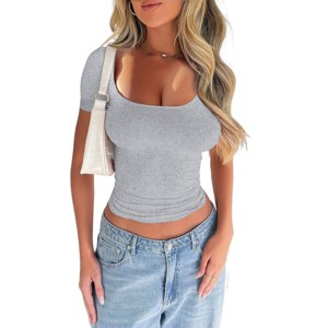 Womens Basic T Shirts Summer Going Out Crop Tops U-Neck Short Sleeve  Slim Fit Tees Tight T Shirts - 1 of 4