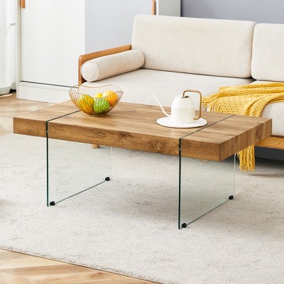 Modern Coffee Table Glasss Cocktail Table Center Table End Table Side Table Accent Table with Marble-Patterned Top, White/Wood/Black-ModernLuxe