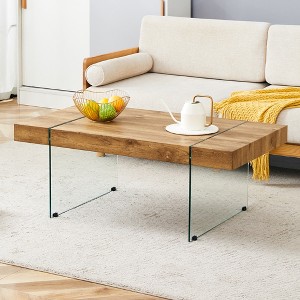 Modern Coffee Table Glasss Cocktail Table Center Table End Table Side Table Accent Table with Marble-Patterned Top, White/Wood/Black-ModernLuxe - 1 of 4