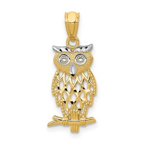 Black Bow Jewelry 14k Yellow Gold and White Rhodium Two Tone Owl Pendant, 9 x 24mm - 1 of 4