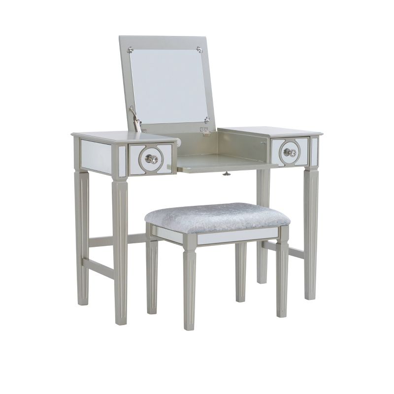 Madison Glam Flip-up Mirror 2 Drawer Vanity and Light Gray Upholstered Stool Mirror and Silver - Linon, 3 of 21