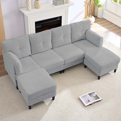 Mjkone Corduroy U-Shape Modular Convertible Sectional Sofa Couch,Upholstered 4-Seater Sofa with Movable Ottoman