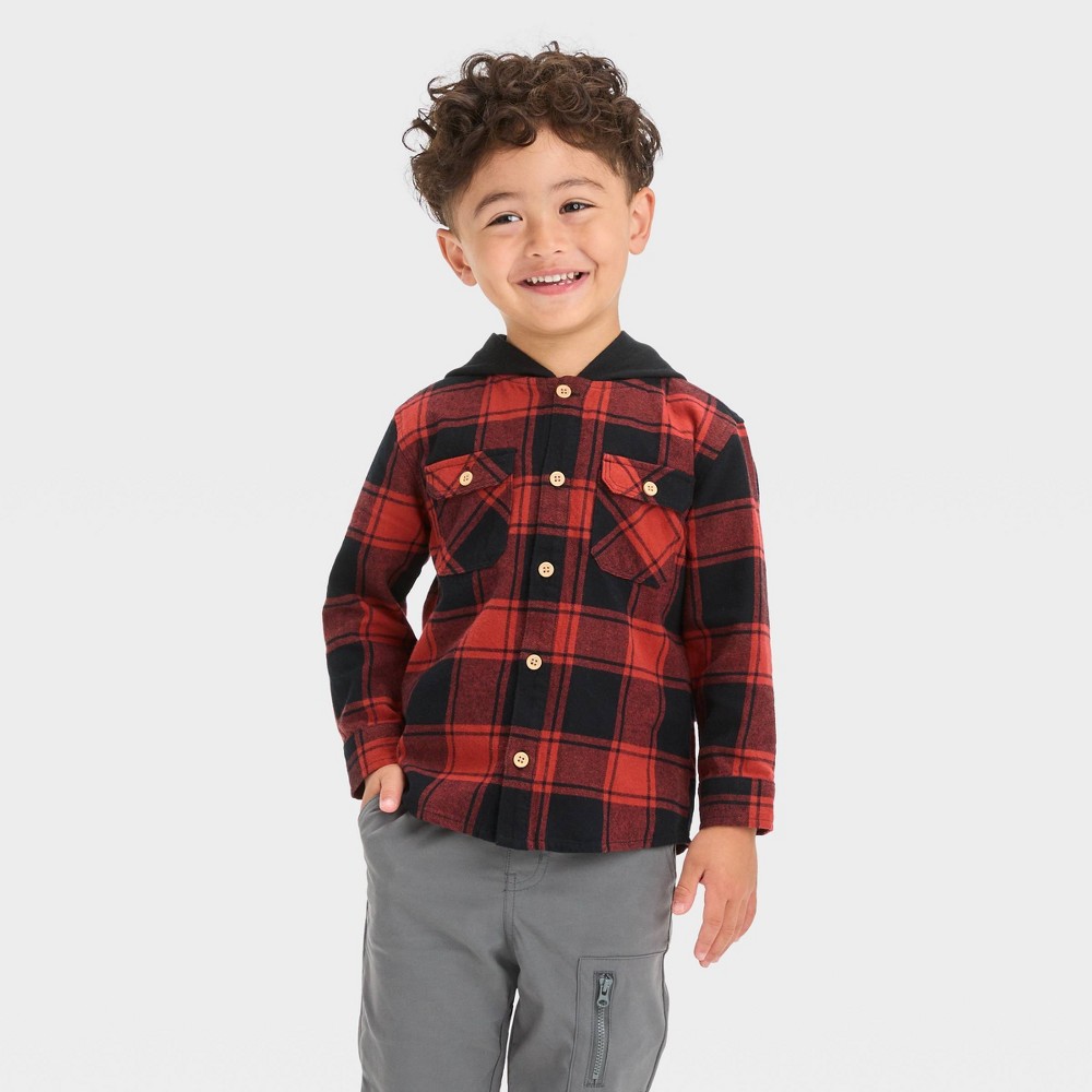 Toddler Boys' Long Sleeve Hooded Flannel Shirt - Cat & Jack™ Red 2T 2pack
