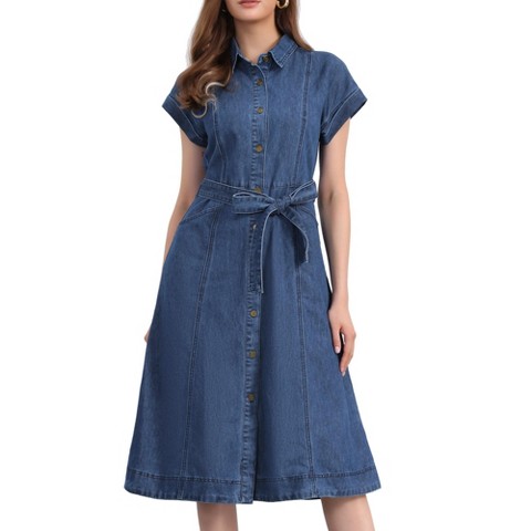 Женские платья INSPIRE CHIC Women's Denim Casual Button Down Short Sleeves Belted Midi Dress Large Dark Blue
