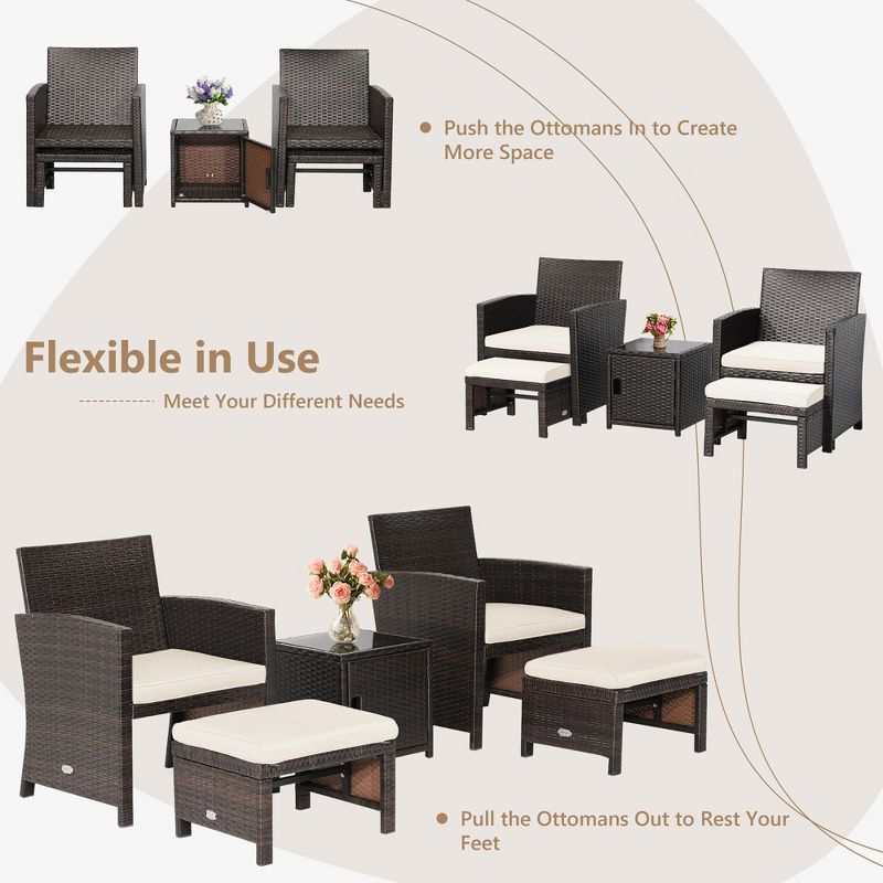 Costway 5PCS Patio Rattan Furniture Set Ottoman Cushioned W/Cover Space Saving Off White/Gray/Red/Turquoise, 5 of 11