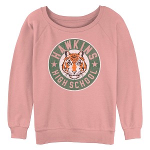 Junior's Stranger Things Retro Hawkins High School Tiger Mascot  Sweatshirt - Desert Pink - X Large - 1 of 3