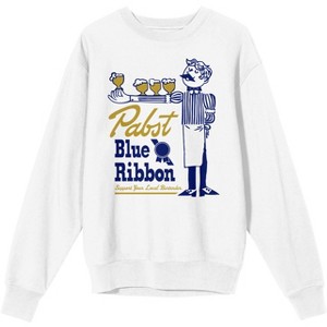 Pabst Blue Ribbon Bartender With Beer Logo Men's White Long Sleeve Sweatshirt - 1 of 2
