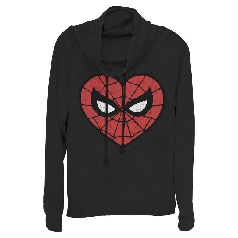 Juniors Womens Marvel Valentine's Day Spider-Man Heart Mask Cowl Neck Sweatshirt, 1 of 4