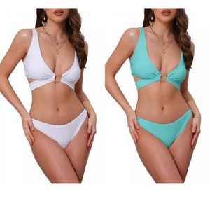 INSPIRE CHIC Women's Wide Strap O Ring Deep V Neck Tie Back Strappy Top Triangle Bottom Swimwear Bikini Suits 2 Sets - 1 of 4