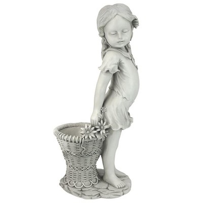 Off-White Resin Flower Girl Garden Statue with Wicker Planter