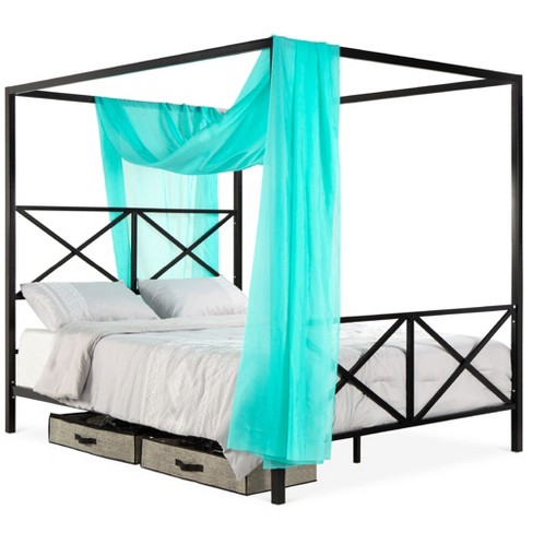 Post Queen Size Modern Metal Canopy Bed, Bed Frame Headboard And Footboard Queen