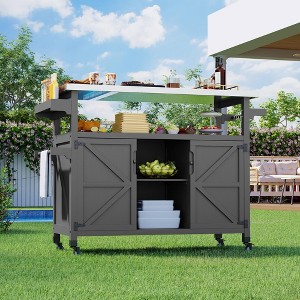TROPOW Outdoor Grill Cart with Storage Cabinet, Farmhouse Solid Wood Kitchen Island on Wheels, Outdoor Grill Table with Stainless Steel Table Top - 1 of 4