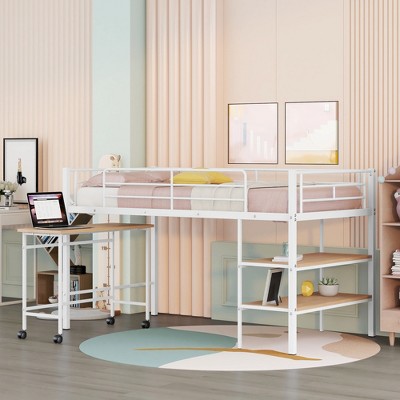 Twin Size Metal Loft Bed with Desk and Shelves - ModernLuxe