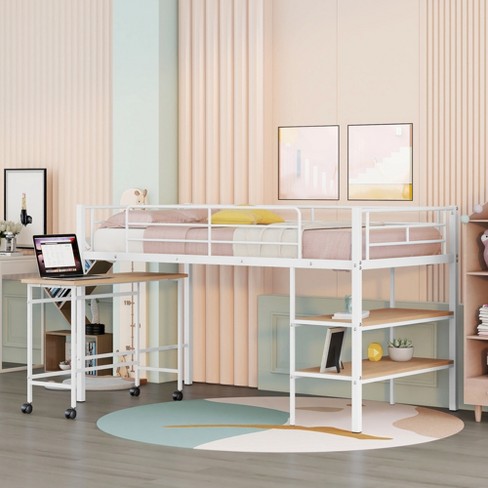 White metal loft bed with clearance desk