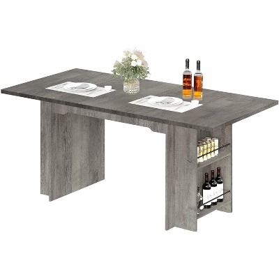Farmhouse Dining Table for 6, 63 Inch  Wood Rustic Rectangle Kitchen Table with 4 Storage Shelves, Home Furniture Dining Table Grey
