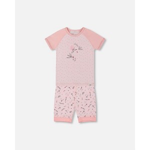 Deux par Deux Girl Organic Cotton Two-Piece Short Pajama Set Small Pink Flowers on Pale Pink Background - 1 of 3