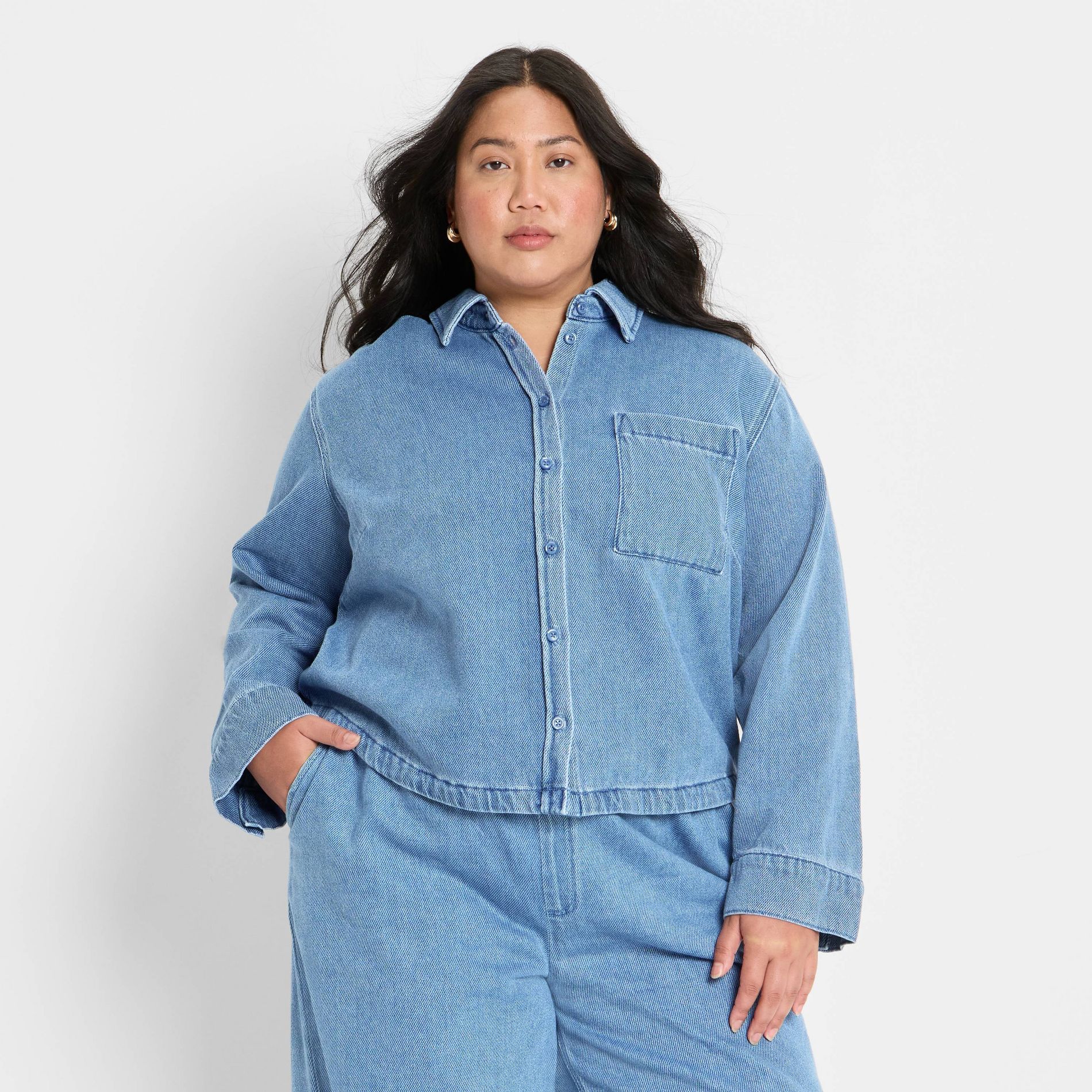 Women's Relaxed Denim Button-Down Shirt - Future Collective Light Blue 1X