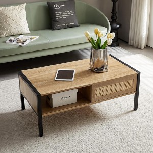 QingMoon Rattan Coffee Table, 40.16" Rectangle Wooden Center Table, with Storage Sliding Door and Metal Legs for Living Room, Apartment - 1 of 4