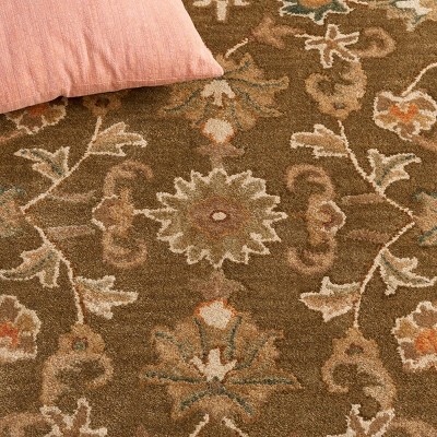 Olive and Gold 8' Square Handmade Wool Floral Area Rug