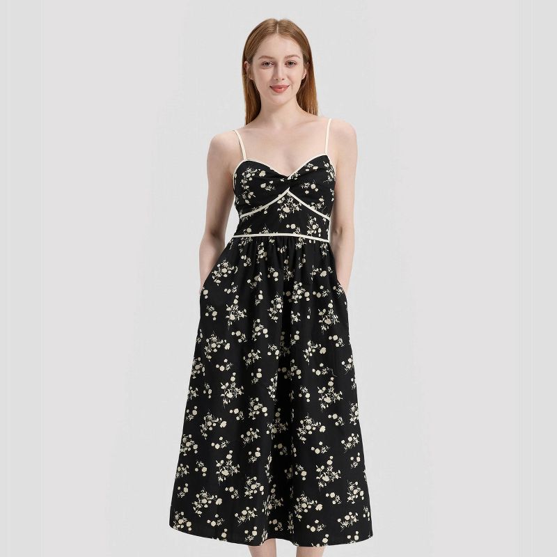 Women's Twist-Front Midi A-Line Dress - A New Day™ Black Floral XS: Cottagecore