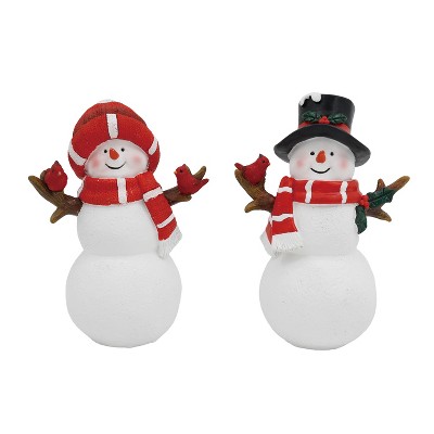 Transpac Set of 2 Resin Snowman Figurines with Cardinal for Christmas Tabletop Decoration and Gift Giving