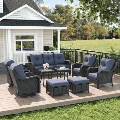 LayinSun Wicker Outdoor Furniture Set with 6-inch Comfy Cushions, High Back Patio Furniture Set with Swivel Rocking Chairs and Side Table