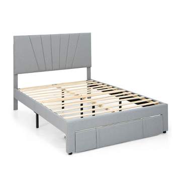 Tangkula Full/Queen Upholstered Bed Frame Platform Bed with Drawer & Adjustable Headboard Grey