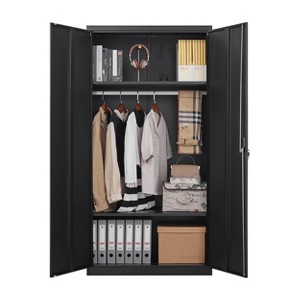 70" Metal Armoire Wardrobe Cabinets with Lock &Hanging Rod &Adjustable Shelves Clothing Storage Cabinet Bedroom Black Wardrobe, 70.8"Hx35.4"Lx17.7"W - 1 of 4