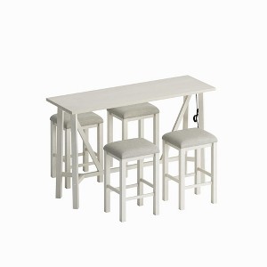 5 Piece Dining Table Set, Bar Table And Chairs Set With Upholstered Stools, Power Outlets, Rubber Wooden Legs, Dining Table Set For Family Or Friends - 1 of 4
