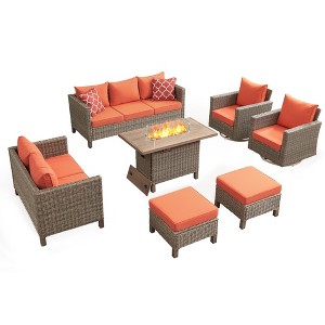 7 Piece Patio Conversation Sets with Swivel Chair and Fire Pit Table - 1 of 4