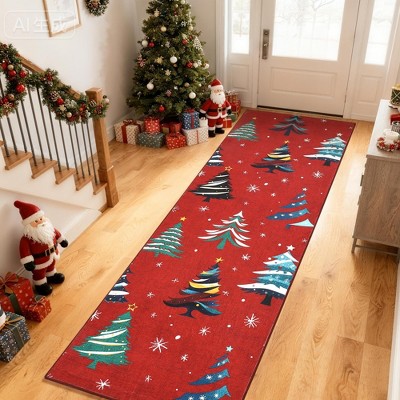 Runner Rug,Washable Rug for Home Decor, Indoor Non Slip Carpet,Soft Low Pile Christmas Rugs with Xmas Tree Motif for Entryway,Living Room,Bedroom