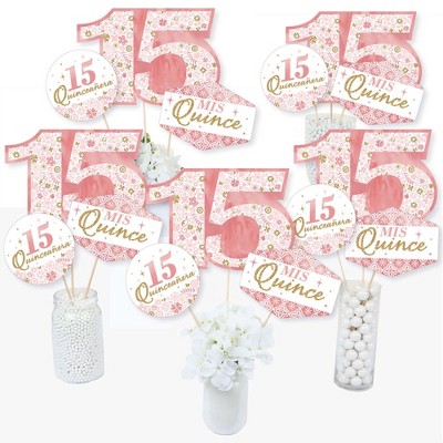 Big Dot of Happiness Mis Quince Anos - Quinceanera Sweet 15 Birthday Party Centerpiece Sticks - Table Toppers - Set of 15