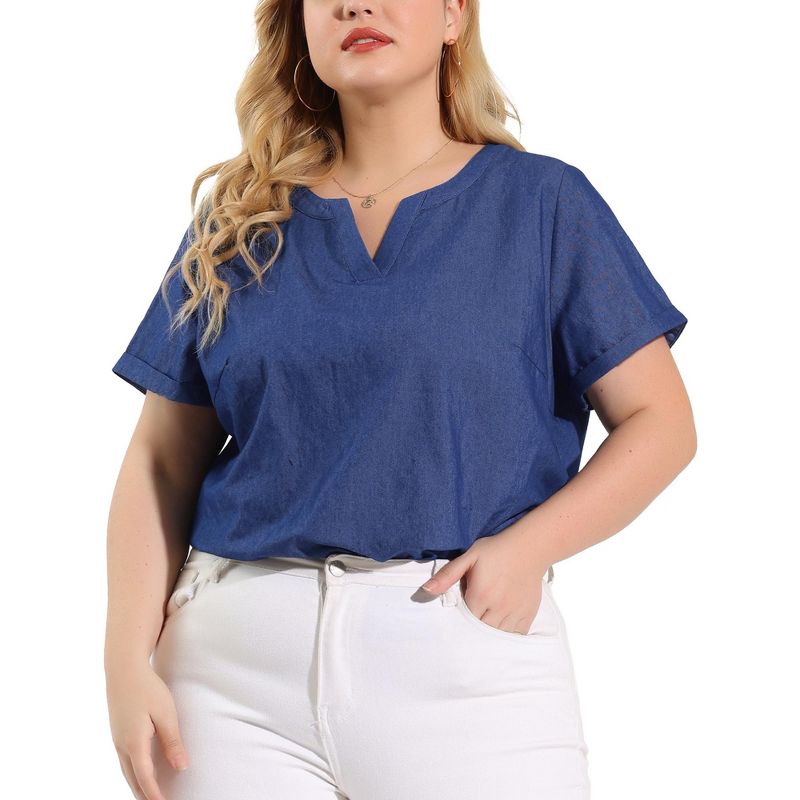 Agnes Orinda Women's Plus Size Work Short Sleeve V Neck Chambray Casual Tops, 2 of 7