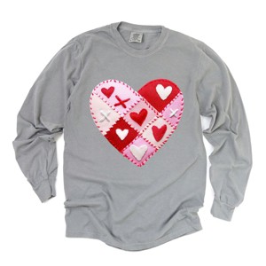 Heart Stitching Patchwork Print - Women's Garment Dyed Long Sleeve Graphic T-Shirt - 1 of 4