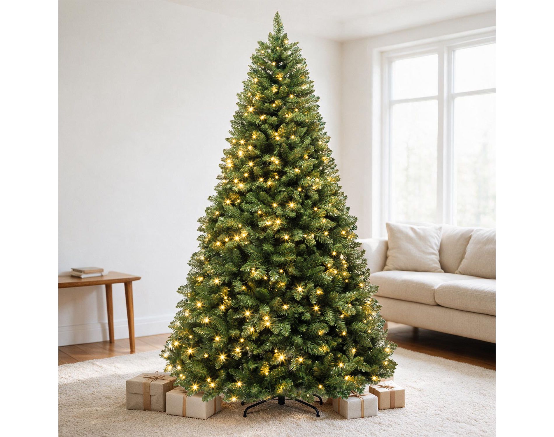 VIVATREES 6ft Pre-lit Artificial Christmas Tree Hinged Branch Tips with 230 300 LEDs White Warm Lights Foldable Metal Base